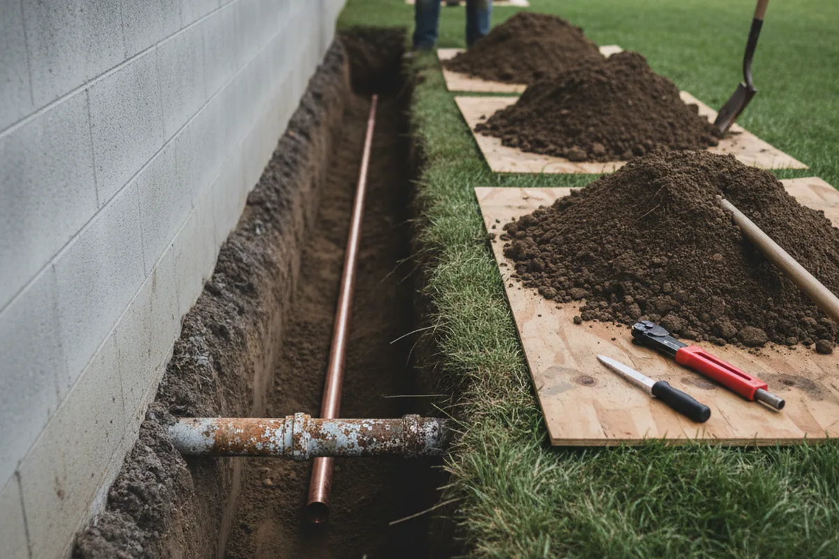 Excavated water line trench during Sewer Line Repair in Toppenish